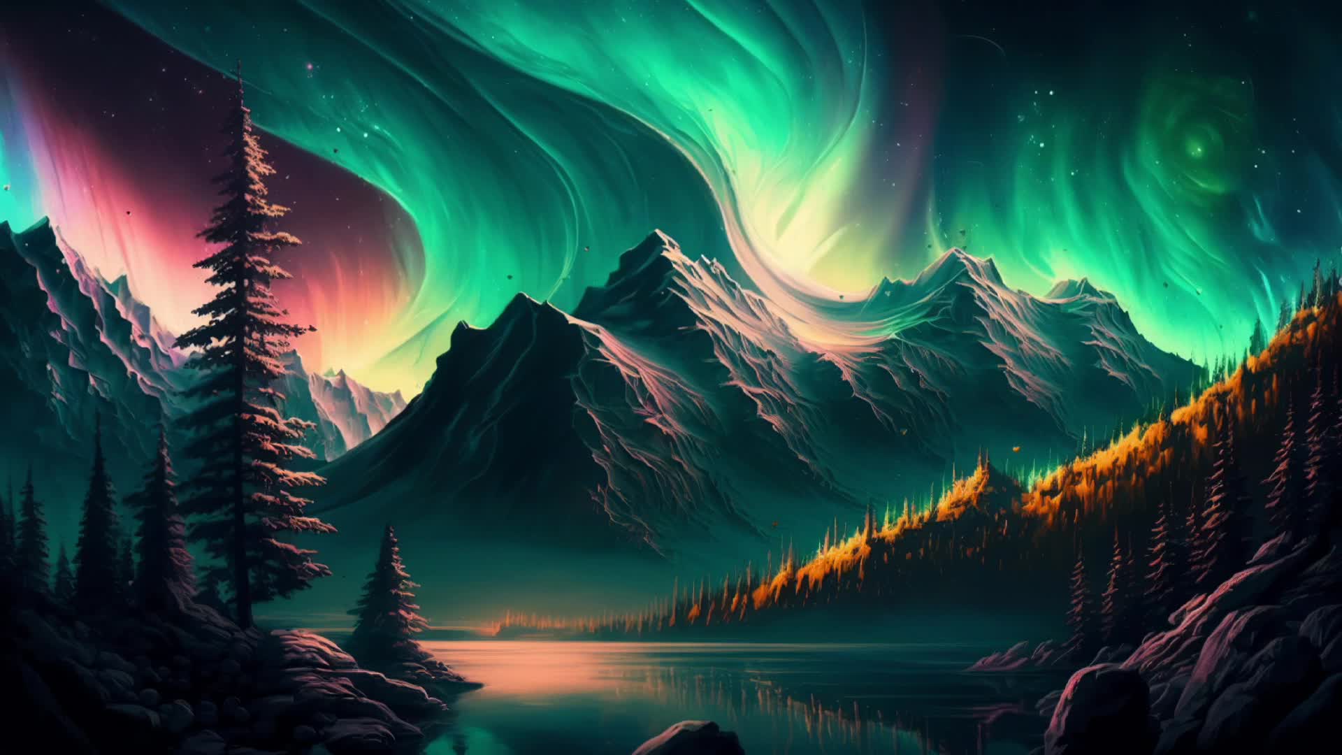Aurora over Mountain and Lake Landscape Animated