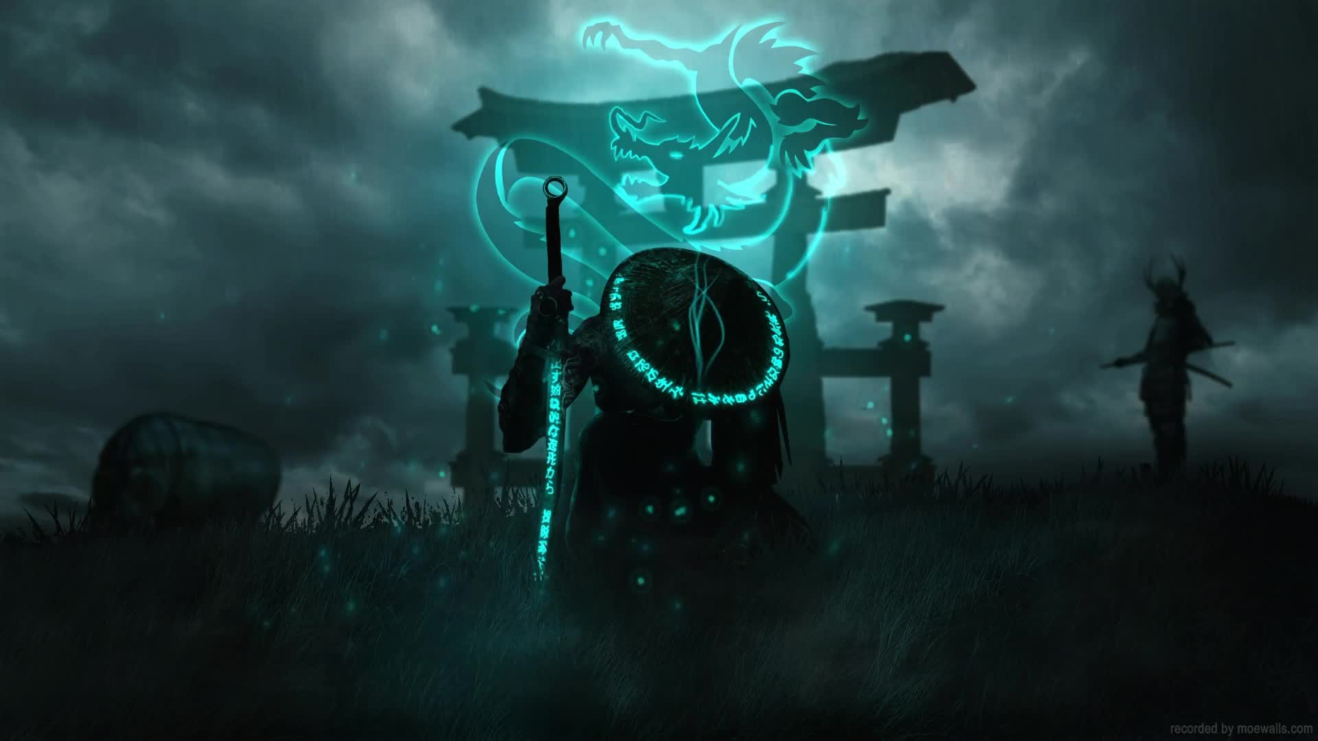 Dragon Samurai Kneeling Torii Gate Live Wallpaper