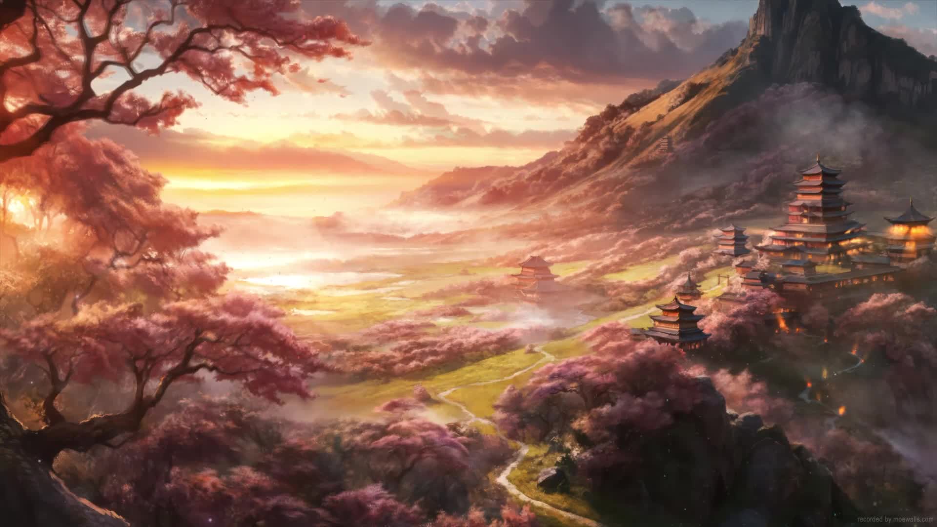 Fantasy Traditional Temples Sakura Live Wallpaper