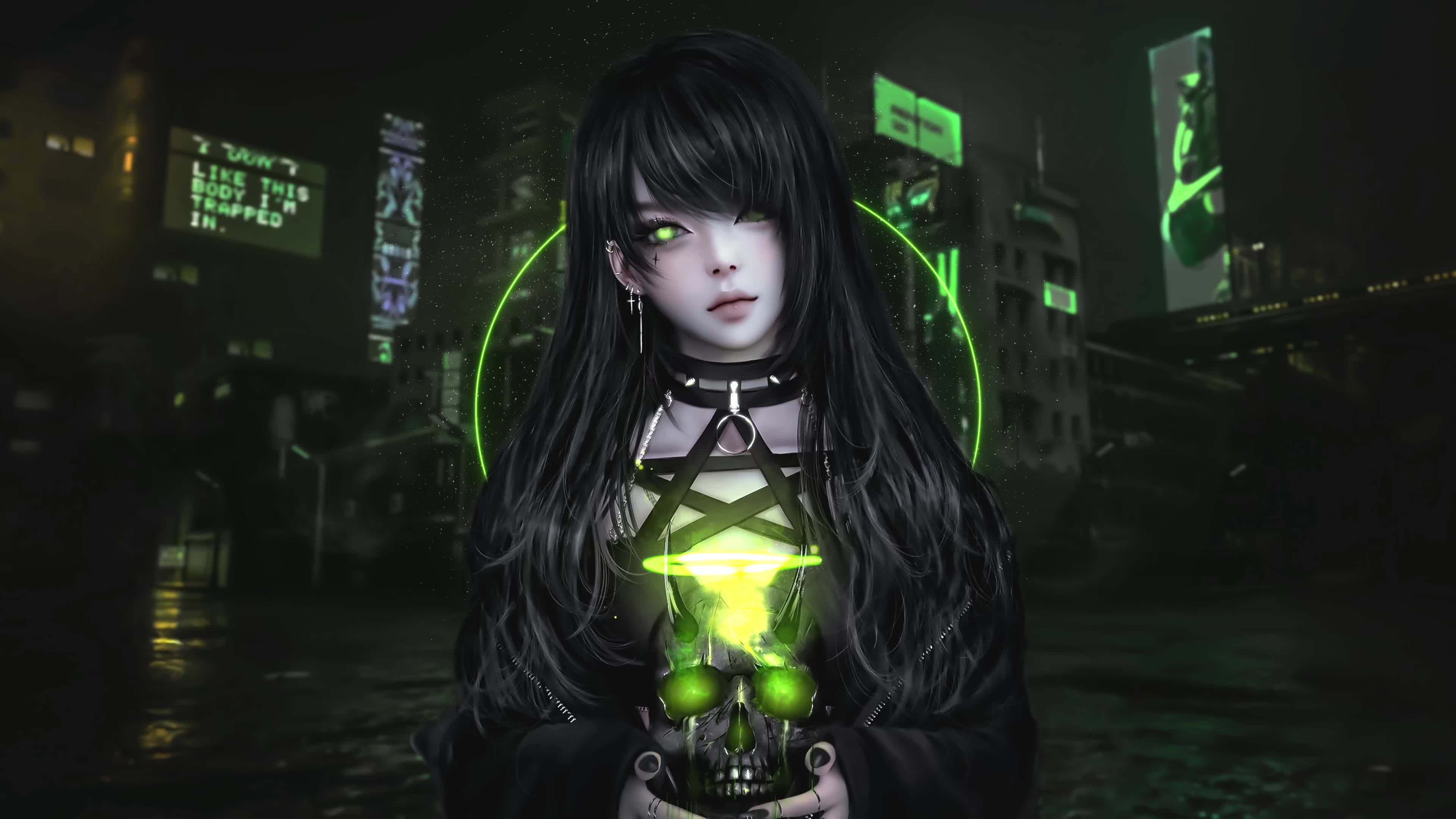 Goth Girl with Skull 4K Live Wallpaper