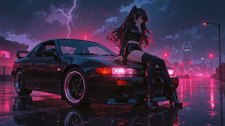 Stormy Night Car Girl Live Wallpaper