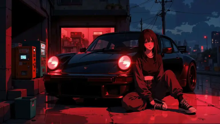 Girl Car Night Rain Live Wallpaper