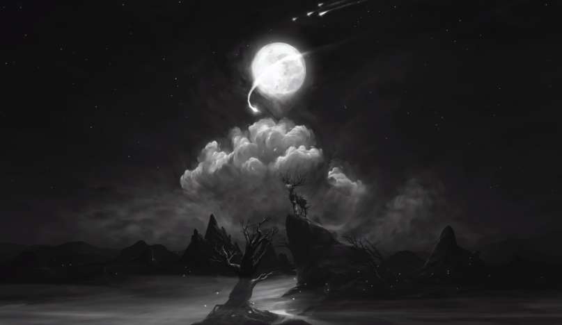 Monochrome Fantasy Night - Stag & Moon 4K Live Wallpaper
