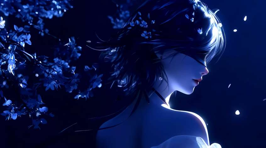 Blindfolded Girl - Blue Moonlight & Glowing Petals Live Wallpaper