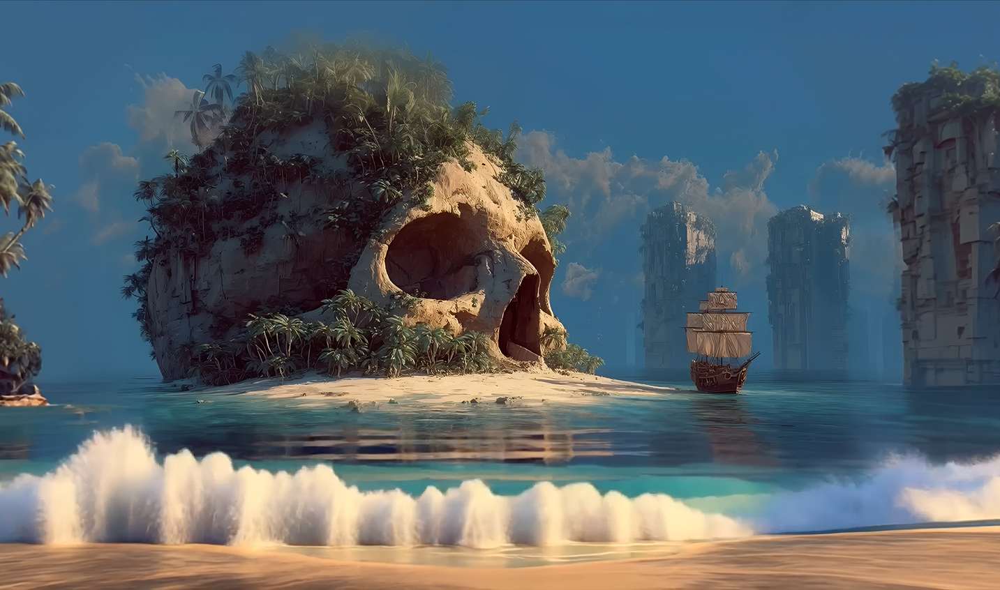 Skull Island Pirate Ship - Tropical Beach Fantasy Live Wallpaper