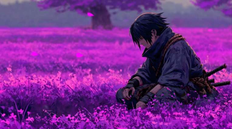 Naruto - Sasuke Uchiha Purple Flower Field Live Wallpaper