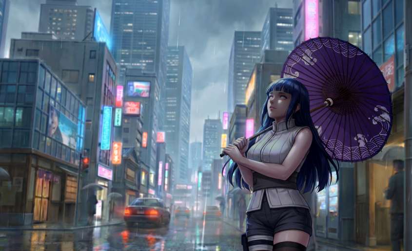 Naruto - Hinata Hyuga Rainy City Live Wallpaper