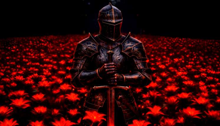 Dark Knight Red Flower Field - Epic Fantasy Live Wallpaper