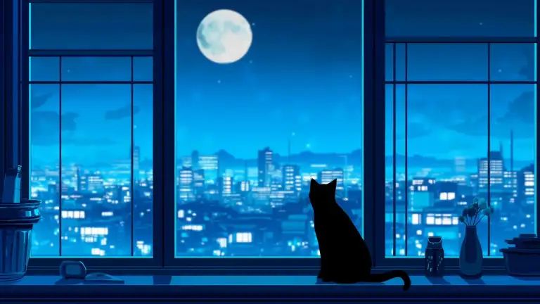 Cat Moon City Window LoFi Live Wallpaper