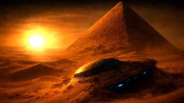 Ancient Alien Pyramid & UFO - Sci-Fi Desert 4K Wallpaper