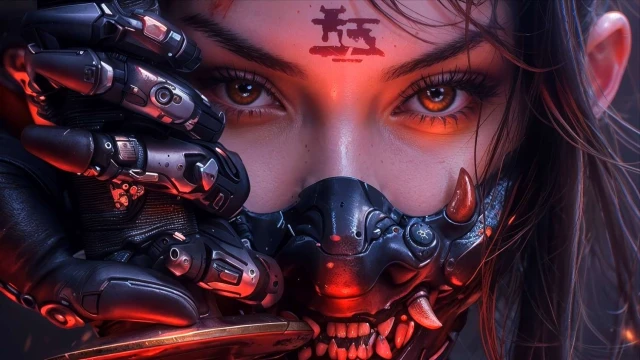Cyber Oni Mask Girl Close-Up Live Wallpaper