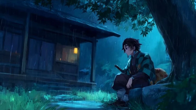 Demon Slayer - Tanjiro Rainy Night Aesthetic Live Wallpaper