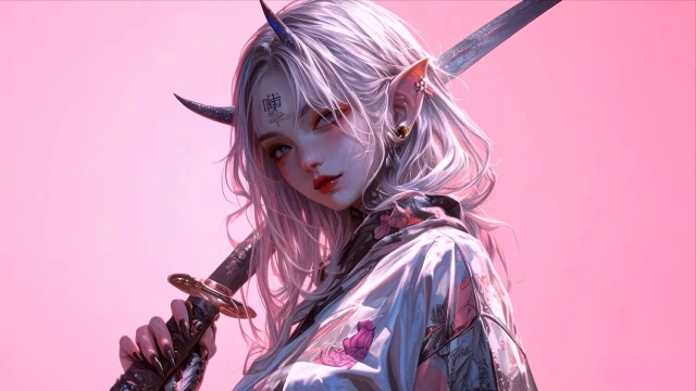 Pink Aesthetic Oni Samurai Girl - White Hair Katana Live Wallpaper