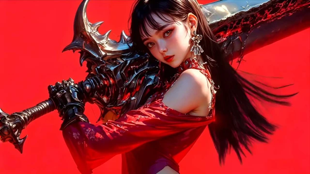 Red Samurai Anime Girl with Dark Sword Live Wallpaper
