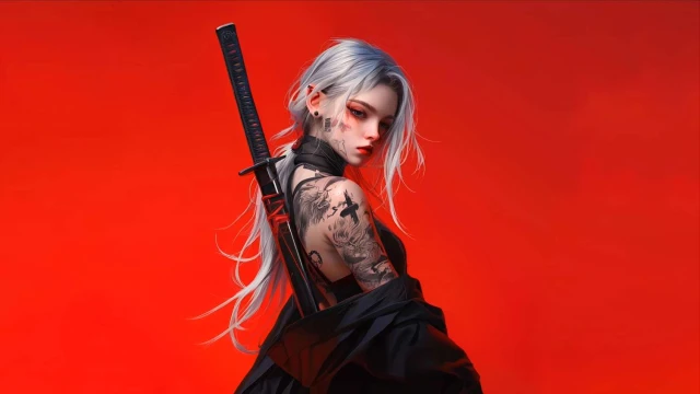 Red Samurai Girl Katana Aesthetic Live Wallpaper