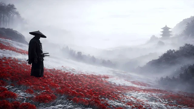 Samurai in Red Spider Lily Field Live Wallpaper