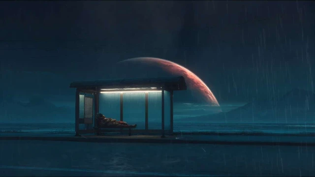 Sci-Fi Astronaut at Rainy Bus Stop - Lo-Fi Live Wallpaper