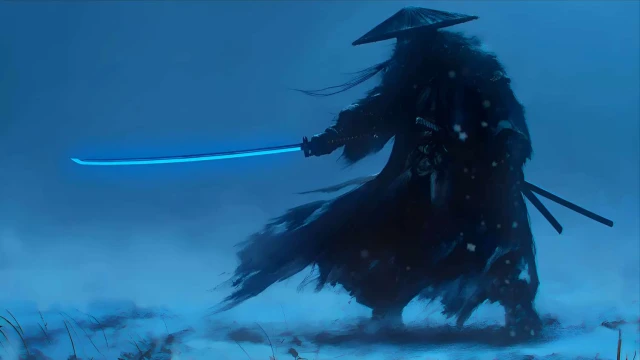 Shadow Samurai with Glowing Blue Katana Live Wallpaper
