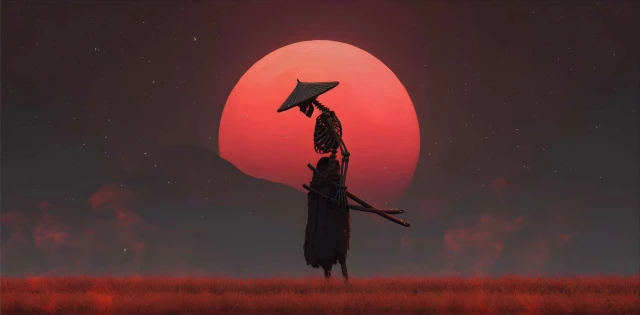 Skeleton Samurai & Red Moon - 4K Dark Fantasy Wallpaper