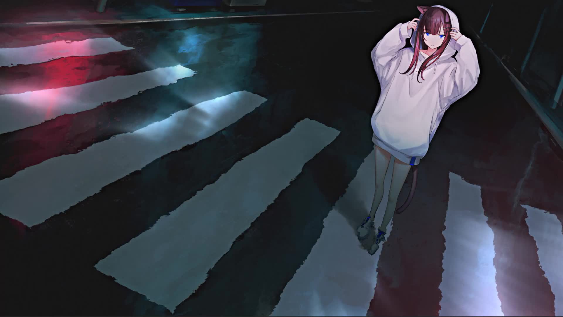 Neko Girl On Flooded Road Anime Live Wallpaper