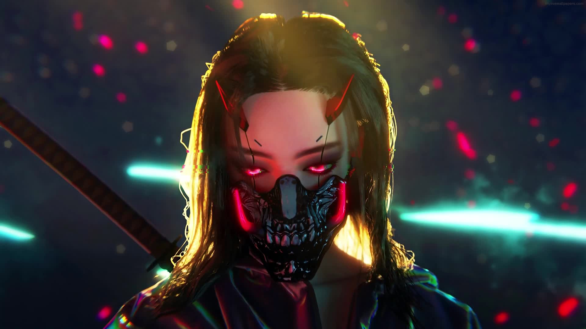 PC Animated Cyberpunk Oni Mask Live Wallpaper