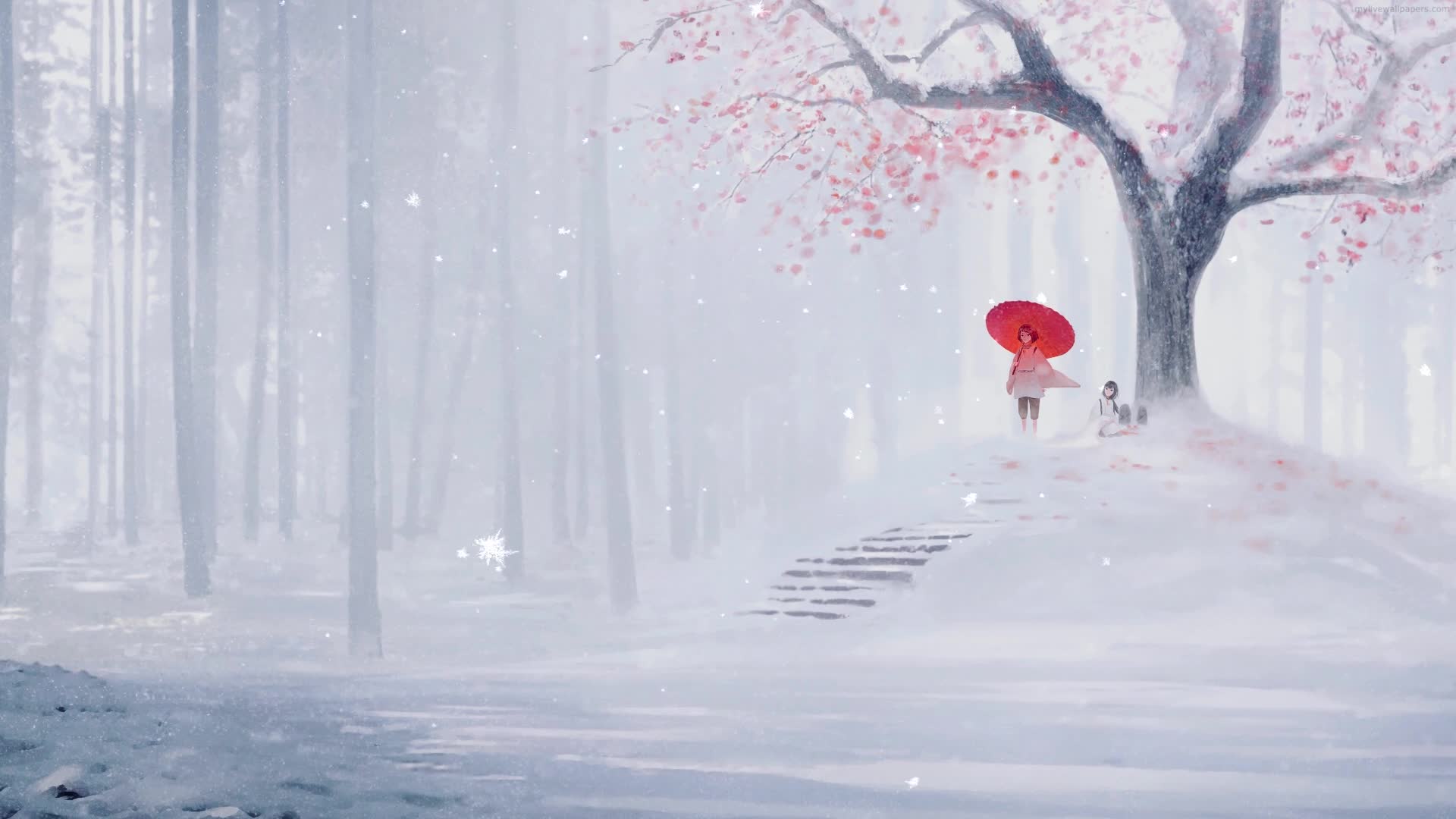 PC Animated Red Umbrella Snow Live Wallpaper