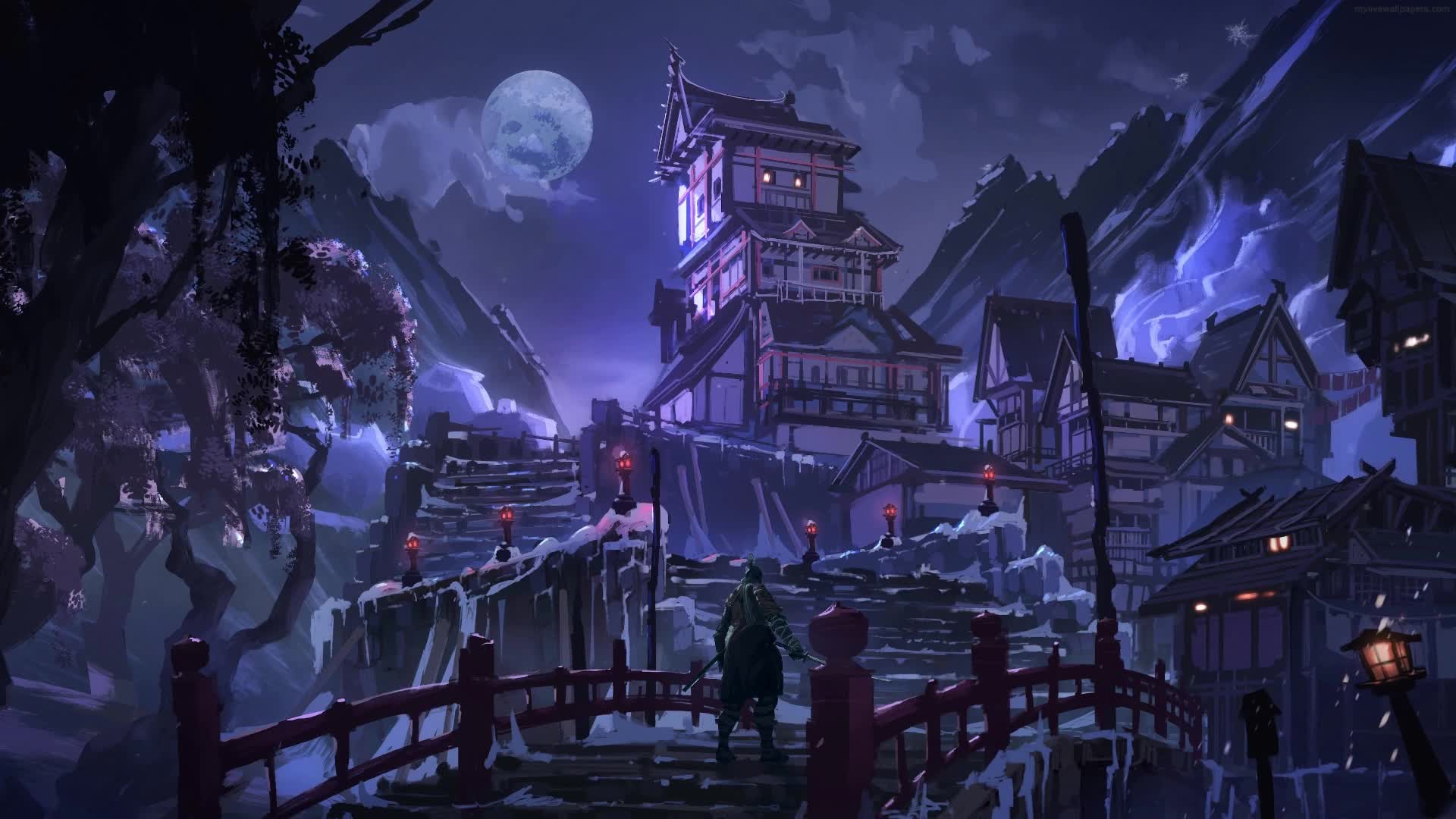 PC Animated Samurai Night Village Live Wallpaper