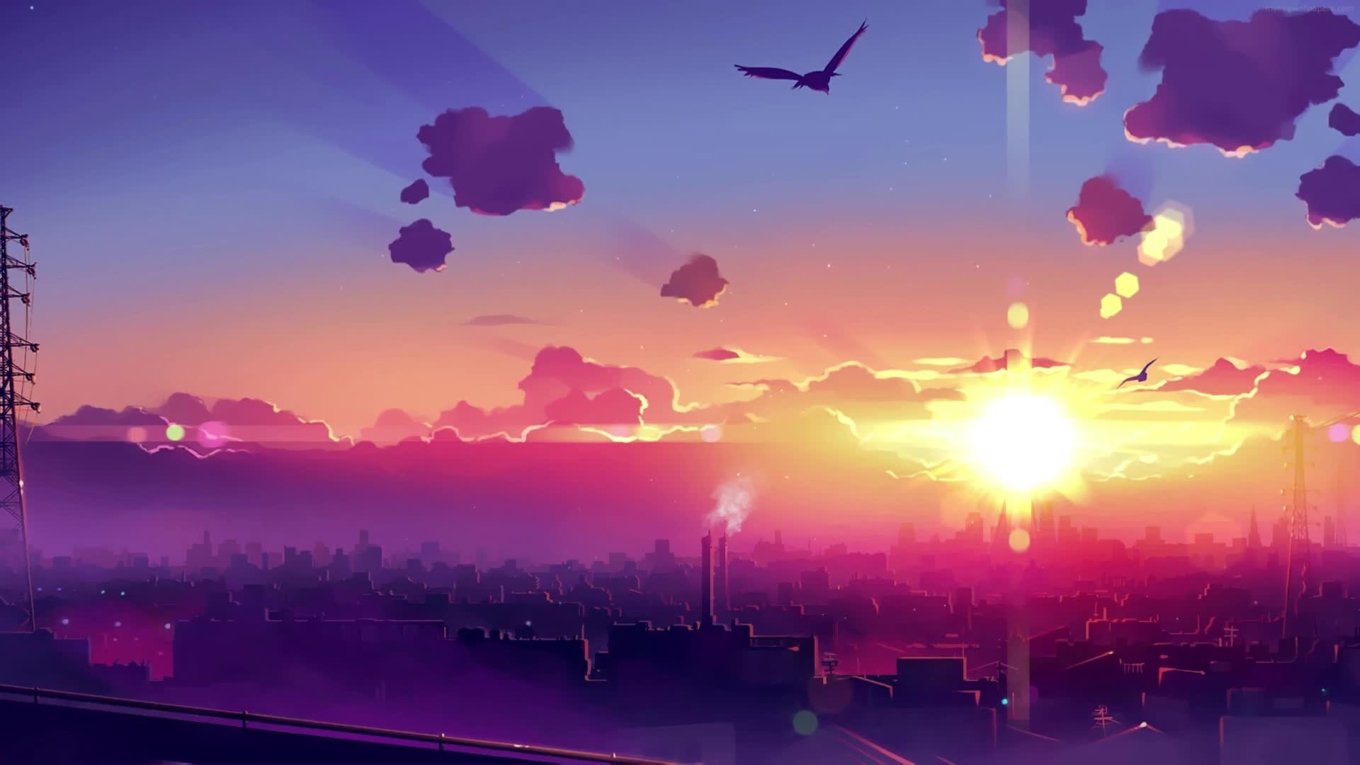 PC Animated Sunset Purple City Live Wallpaper