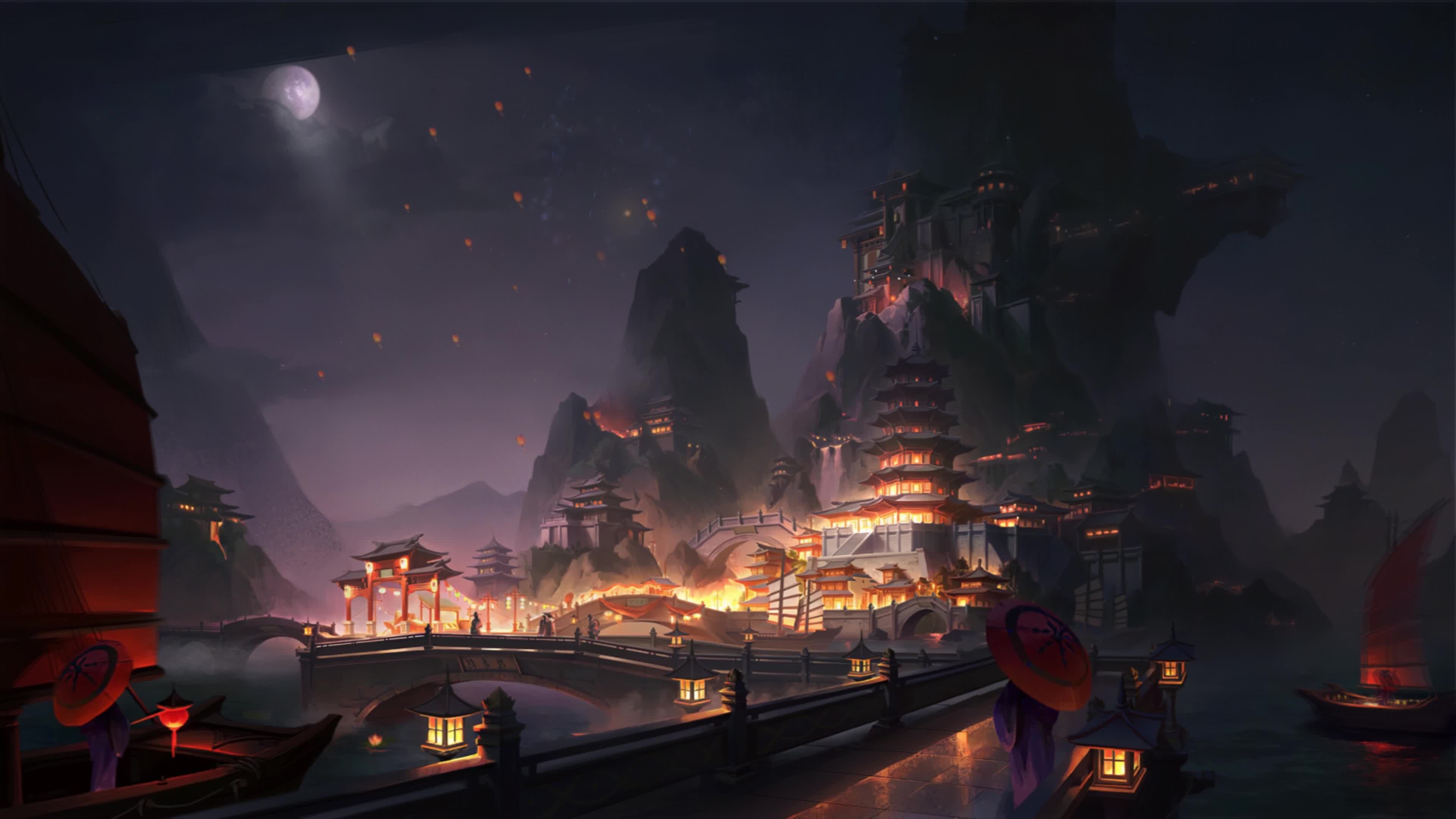 PC Night Market Fireworks 4K Live Wallpaper