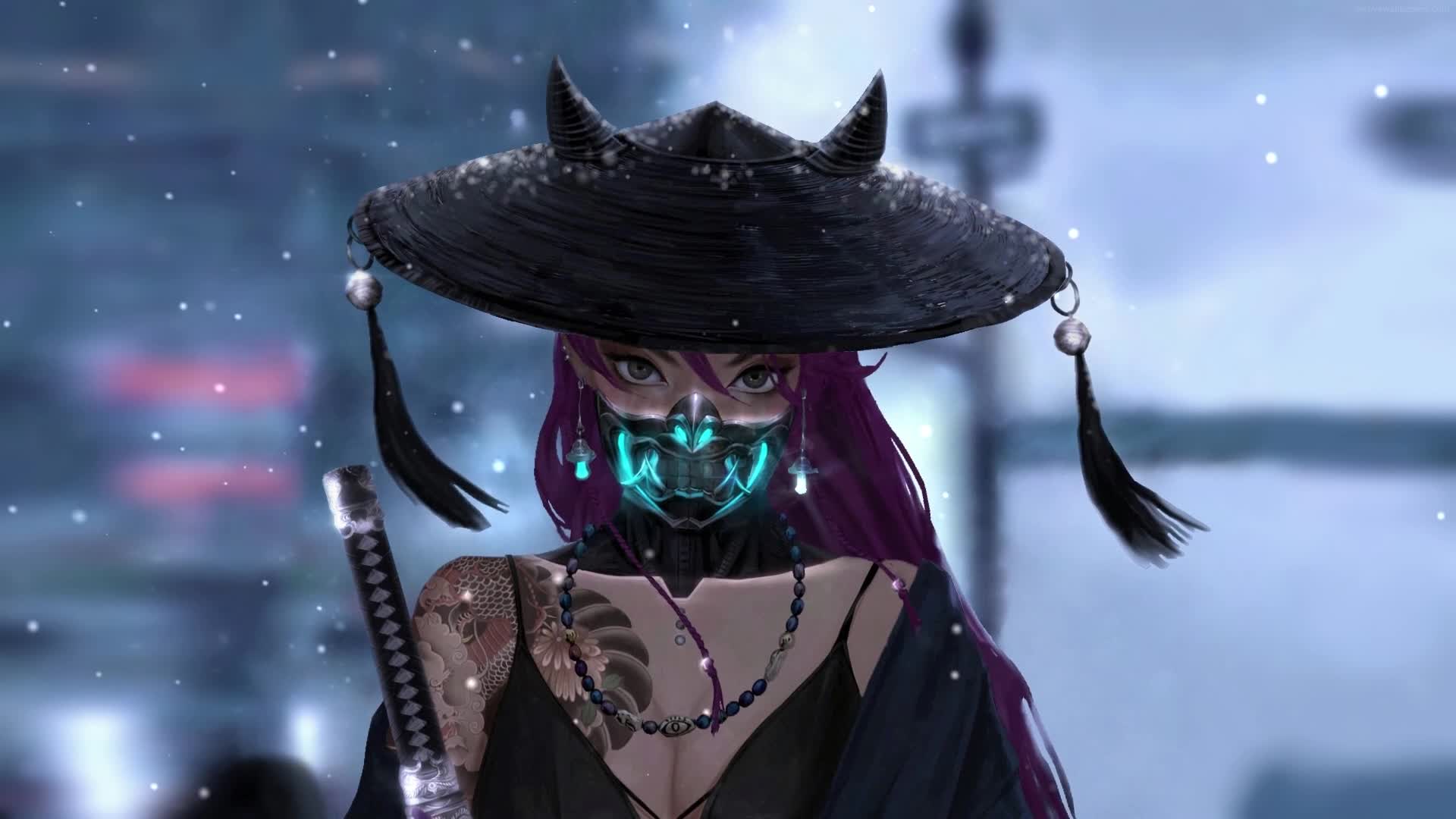 PC Oni Mask Samurai Girl 1 Live Wallpaper Free