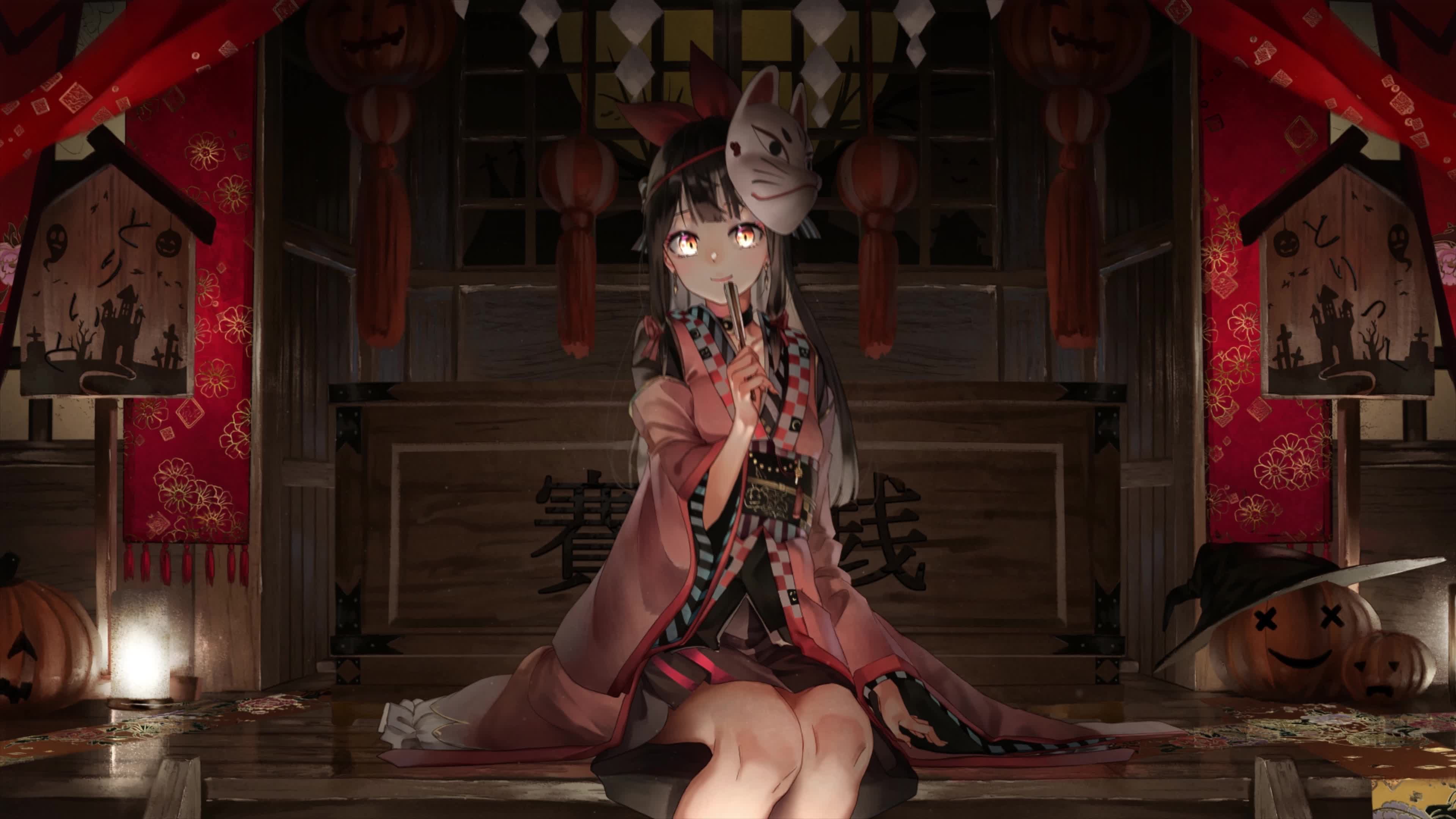 PC Desktop Anime Girl Wearing Fox Mask 4k Live Wallpaper