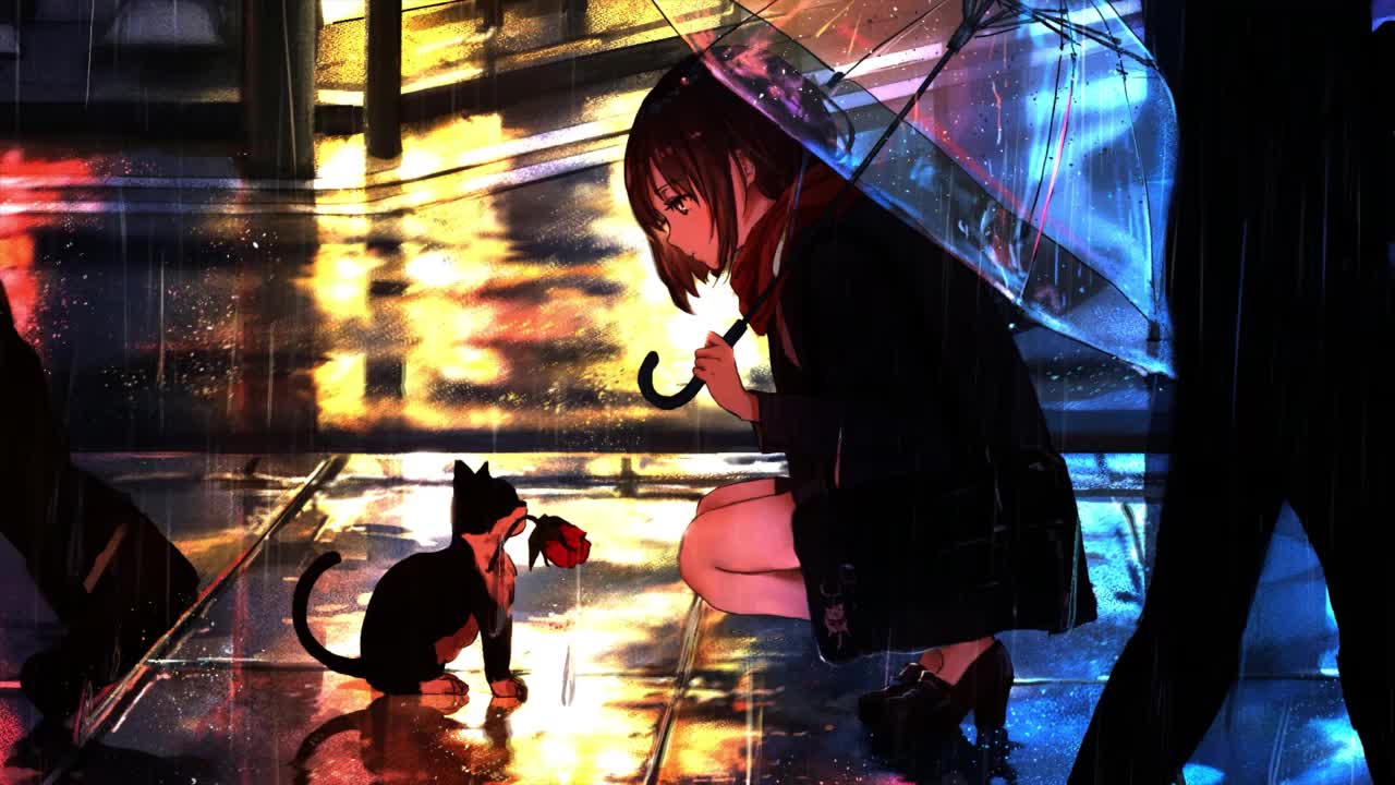 Anime Girl And Cat In The Rain HD Live Wallpaper For PC