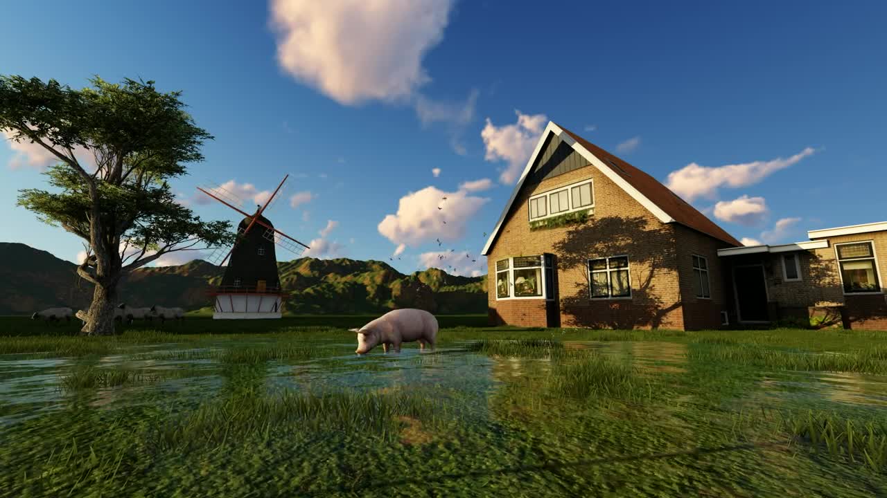 Stock Video 3d farm with a pig a mill a house and PC Live Wallpaper