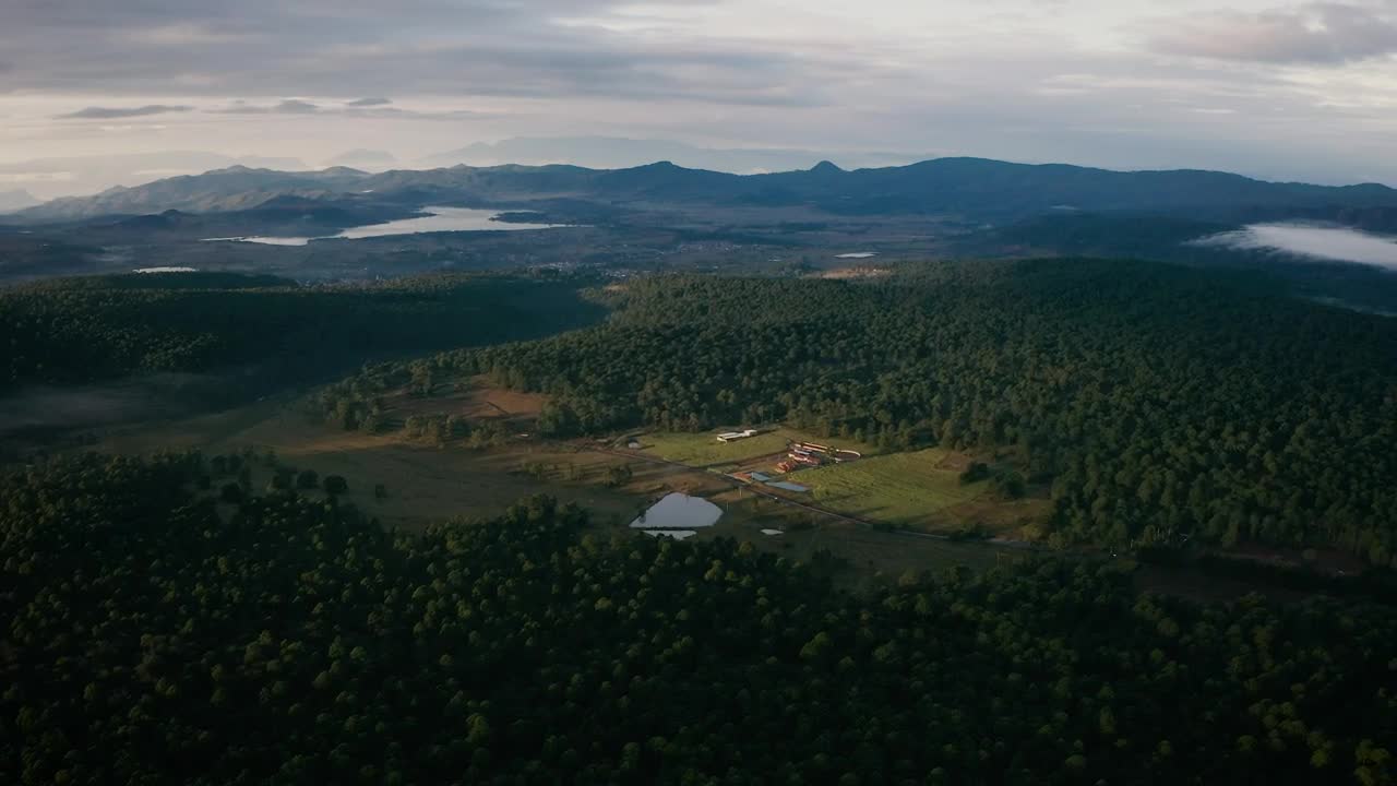 Stock Video Aerial View Of A Green Forest With Mountains And Lakes Live Wallpaper for PC