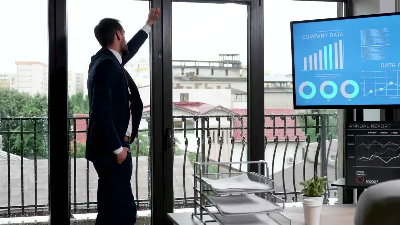 Stock Video Business Man Thinks In Modern Office With Screen Views Live Wallpaper For PC
