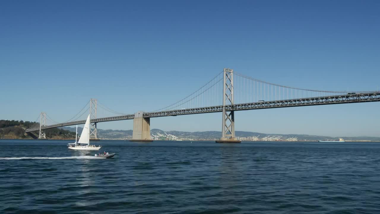 Video Stock Cargo Ship And Sailboat Crossing Under The Bridge Live Wallpaper For PC