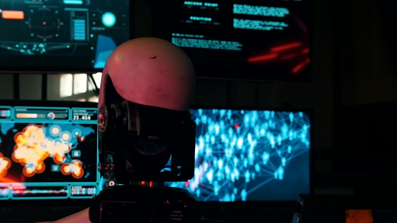 Stock Video Data Monitors And A Humanoid Robot Moving His Head Live Wallpaper For PC