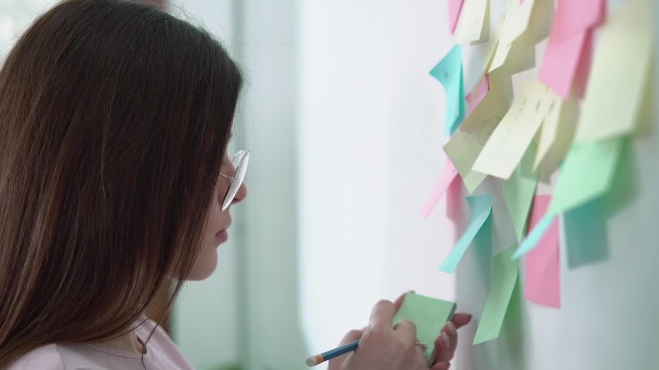 Stock Video Creative Woman Writing Ideas On Sticky Notes For Marketing Project Live Wallpaper For PC