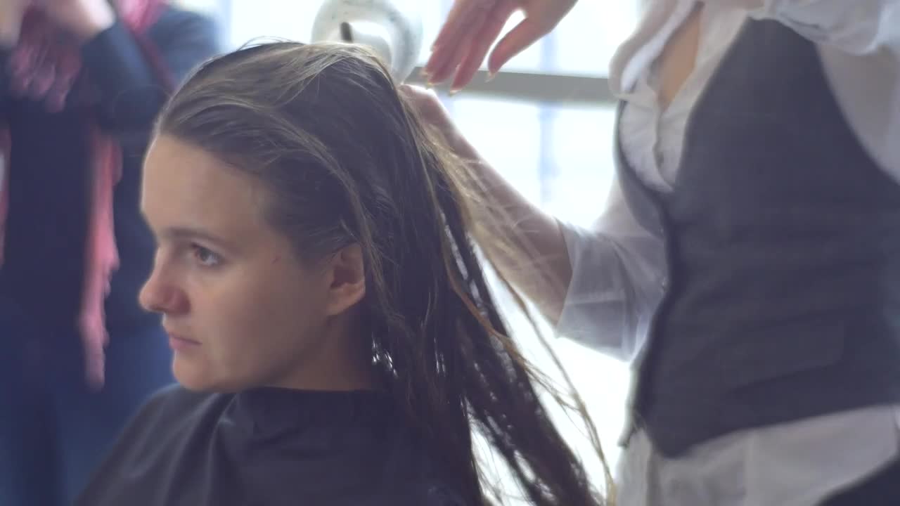 Stock Video Hairstylist Drying Womans Long Hair Live Wallpaper For PC