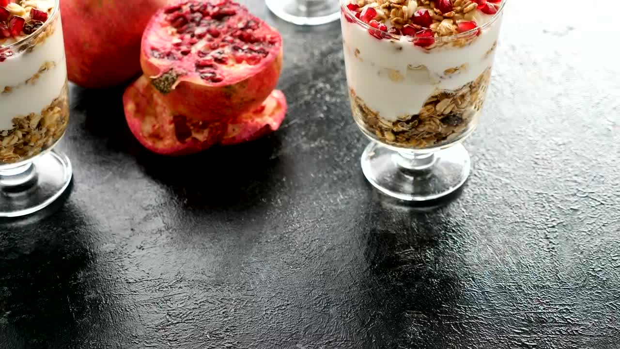 Stock Video Healthy Foods Diet Yogurt And Muesli With Pomegranates Animated Wallpaper