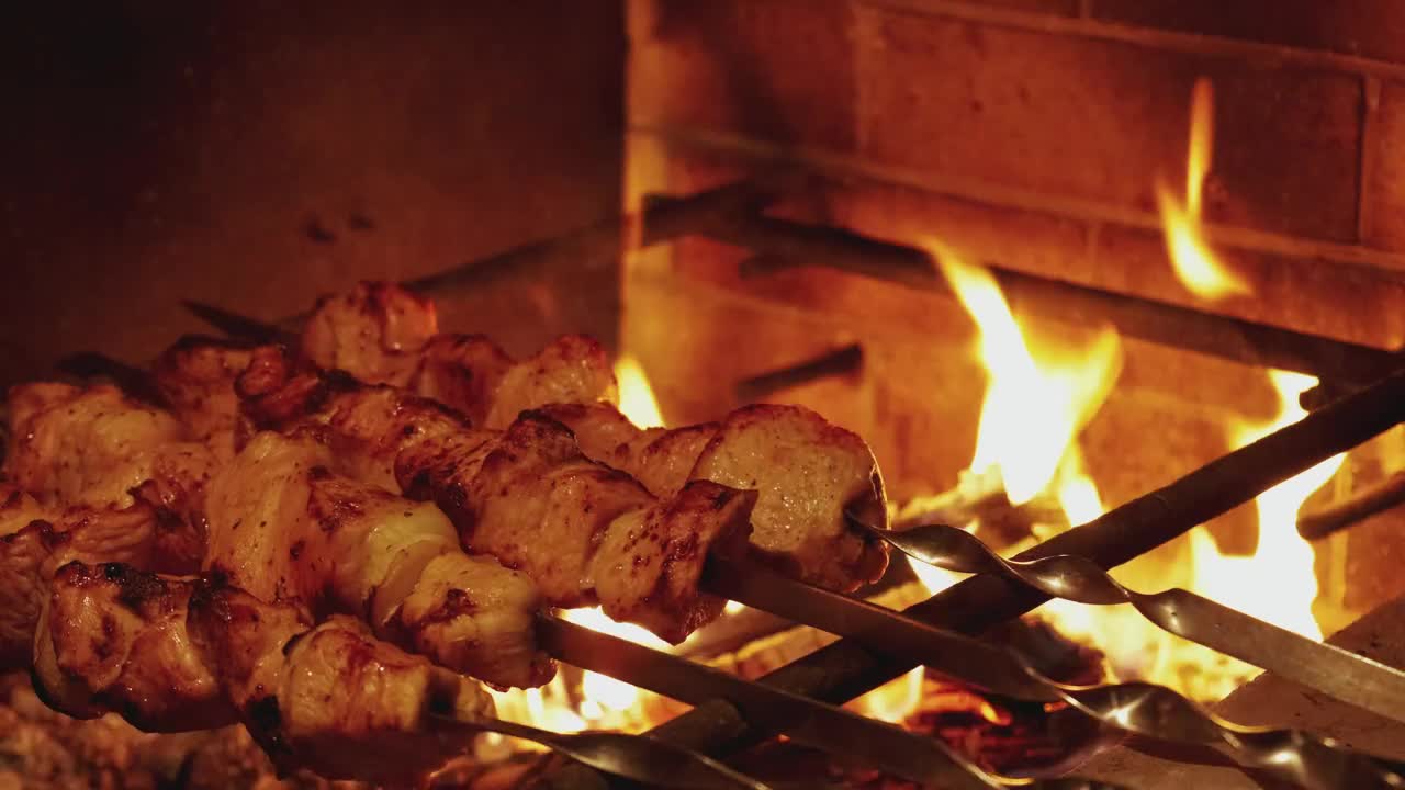 Stock Video Meat Skewers Grilling On A Gril Animated Wallpaper