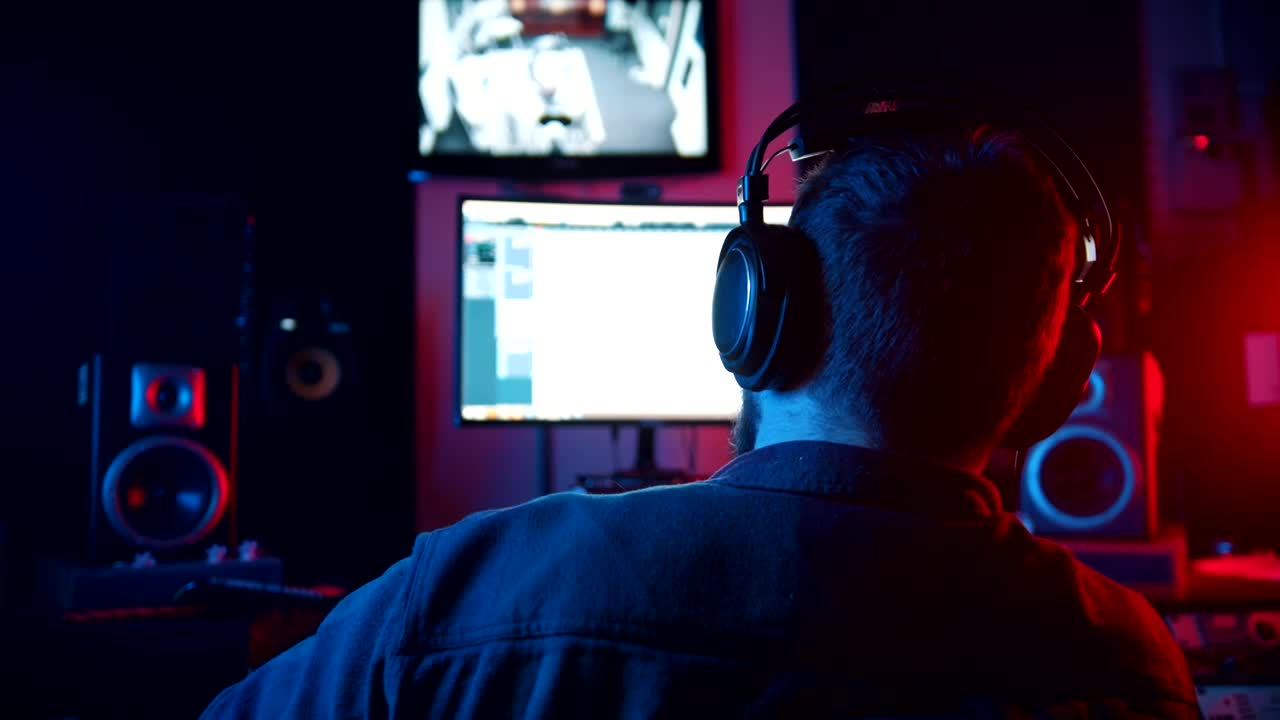 Stock Video Music Producer Monitoring With Headphones In Studio Live Wallpaper
