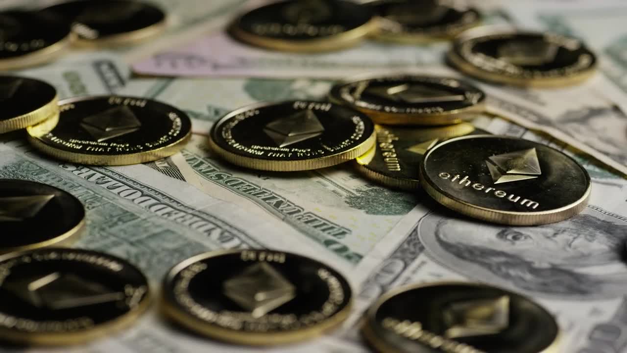 Free Stock Video Rotating Take Of Ethereum Coins Over Dollar Bills Live Wallpaper