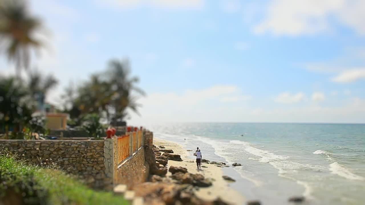 Free Video Stock tilt shift of people walking on windy beach Live Wallpaper