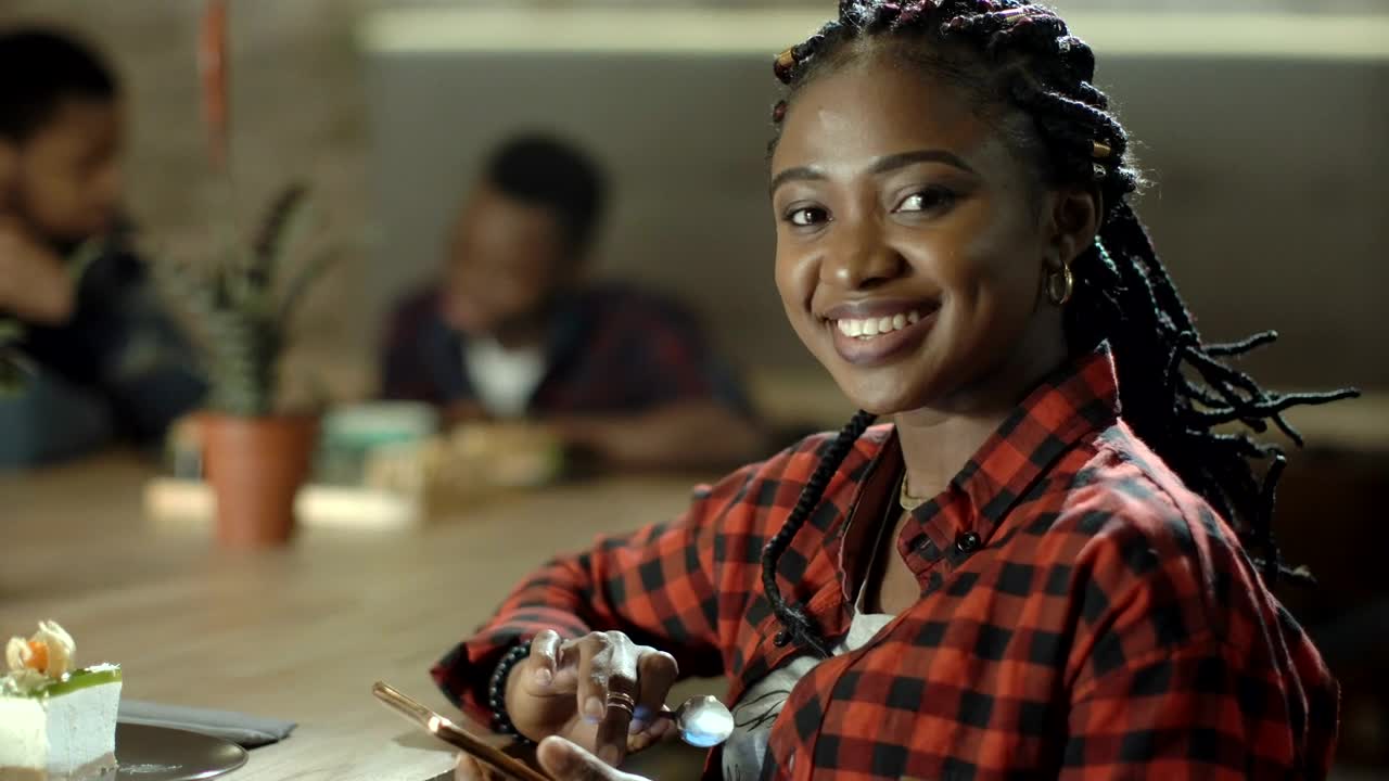 Stock Footage Young Woman Smiling In The Cafeteria Live Wallpaper Free