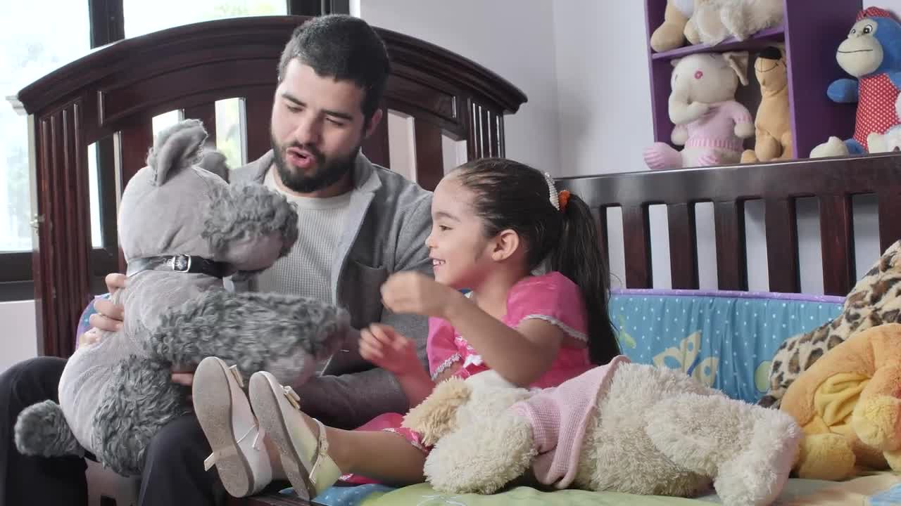 Stock Footage Young Dad Playing With Stuffed Animals With His Daughter Live Wallpaper Free