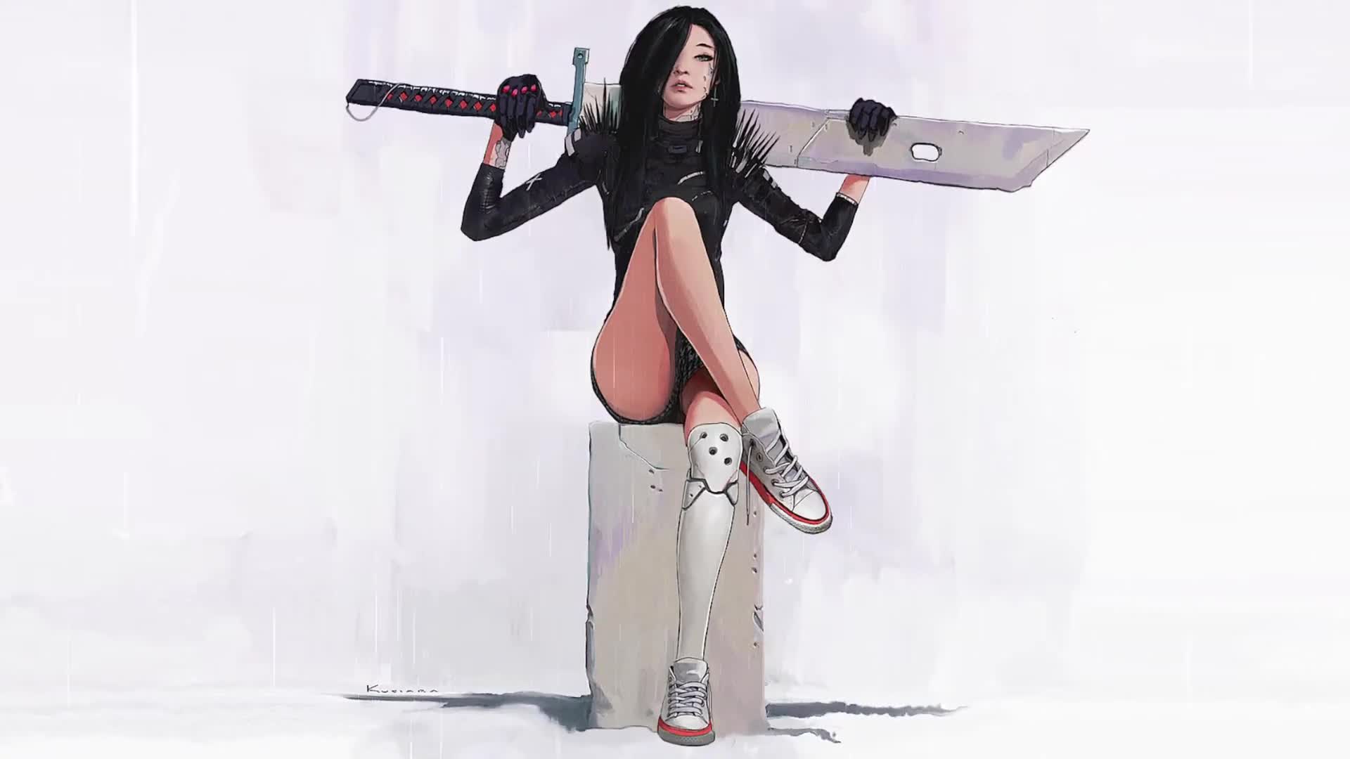 Cool Free Girl With Great Sword Live Wallpaper Rain Edition
