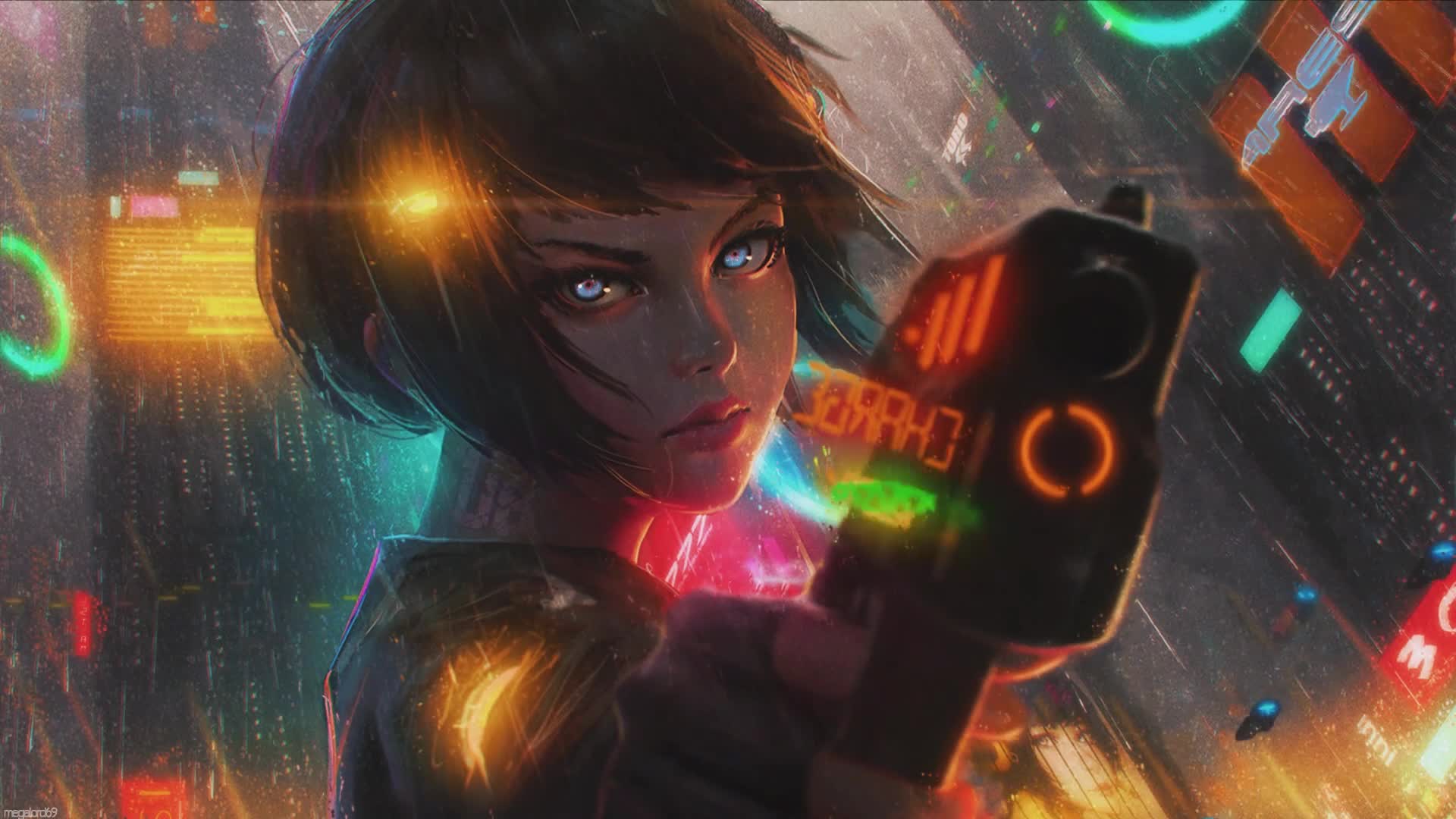 cyberpunk girl with gun and motorcycle