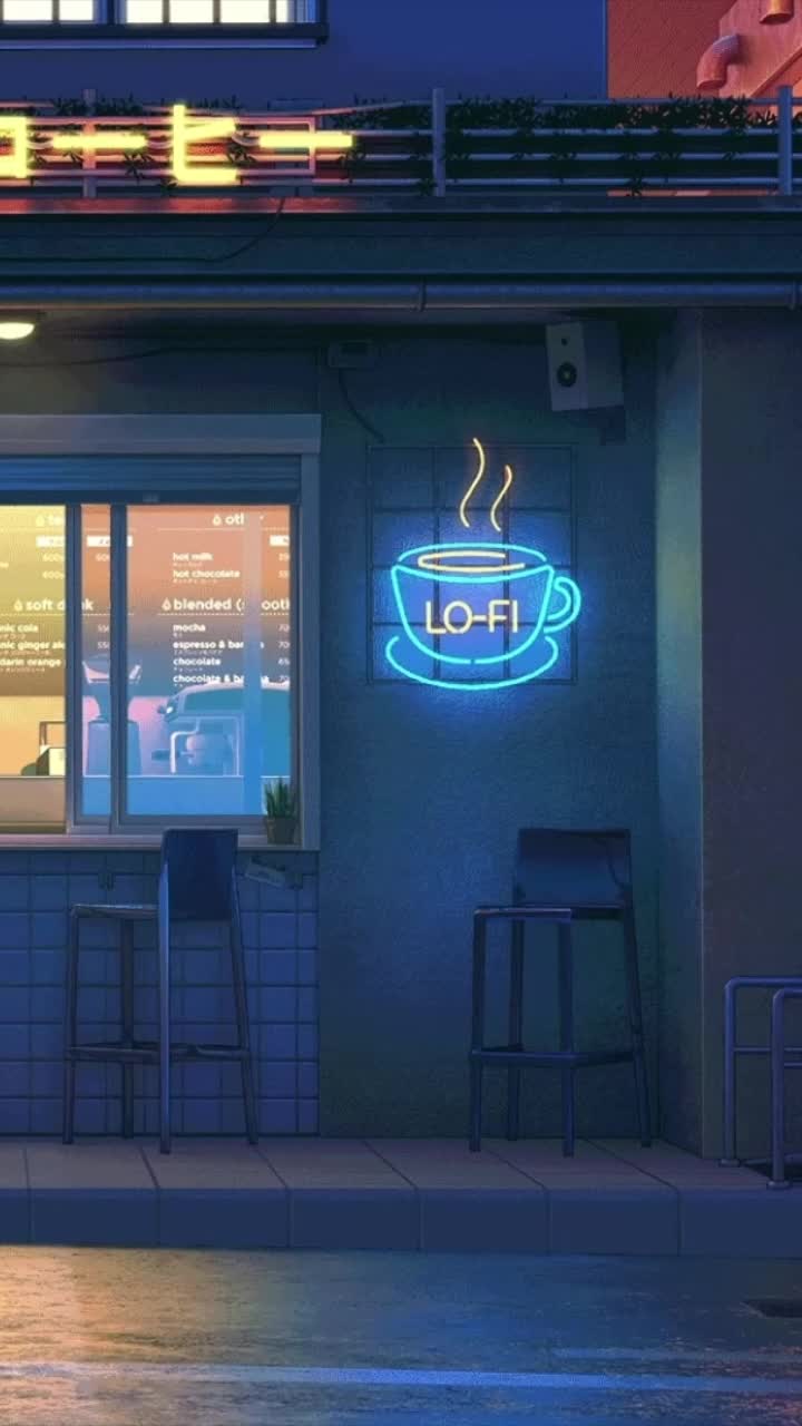 iPhone and Android Lofi Coffee Shop Night Live Phone Wallpaper