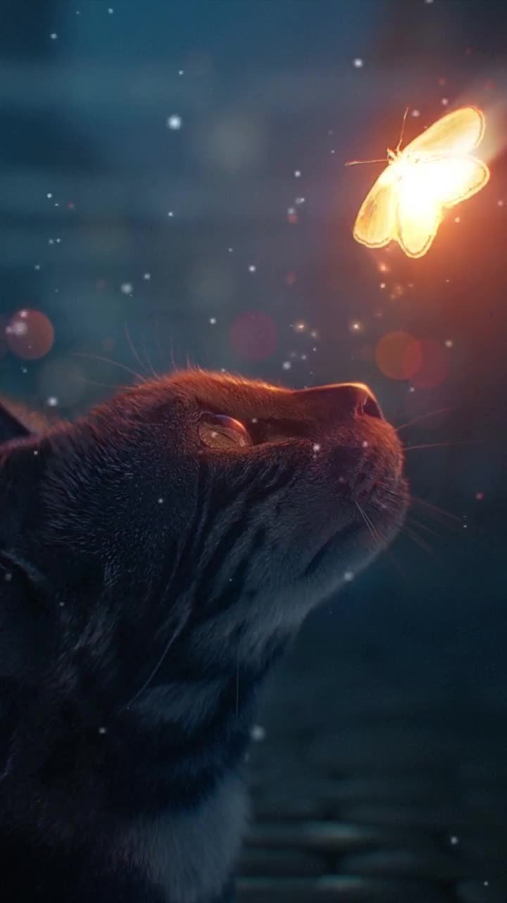 iPhone  Android Cat Looking At Glowing Butterfly Free Phone Live Wallpaper